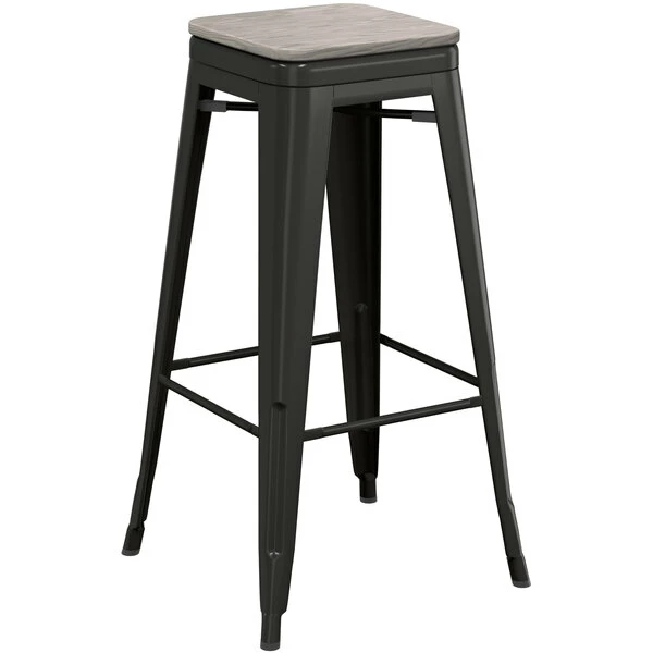 LT&S Alloy Series Lancaster Table & Seating Alloy Series Black Stackable Metal Indoor Industrial Barstool With Gray Wood Seat 2 LT&S Alloy Series Lancaster Table & Seating Alloy Series Black Stackable Metal Indoor Industrial Barstool With Gray Wood Seat - Image 2