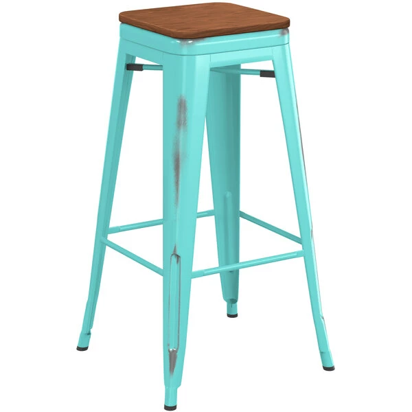 LT&S Alloy Series Lancaster Table & Seating Alloy Series Distressed Seafoam Stackable Metal Indoor Industrial Barstool With Walnut Wood Seat 2 LT&S Alloy Series Lancaster Table & Seating Alloy Series Distressed Seafoam Stackable Metal Indoor Industrial Barstool With Walnut Wood Seat - Image 2