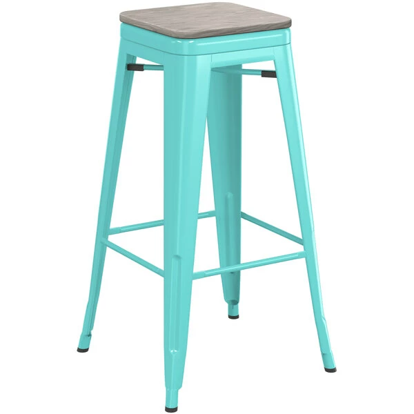 LT&S Alloy Series Lancaster Table & Seating Alloy Series Seafoam Stackable Metal Indoor Industrial Barstool With Gray Wood Seat 2 LT&S Alloy Series Lancaster Table & Seating Alloy Series Seafoam Stackable Metal Indoor Industrial Barstool With Gray Wood Seat - Image 2