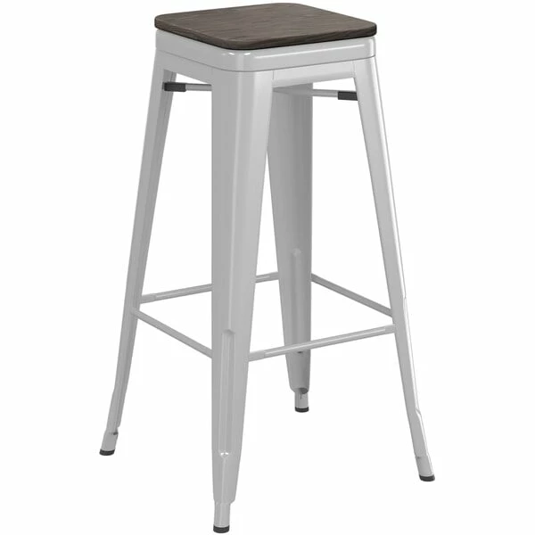 LT&S Alloy Series Lancaster Table & Seating Alloy Series Silver Metal Indoor Industrial Cafe Bar Height Stool With Black Wood Seat 2 LT&S Alloy Series Lancaster Table & Seating Alloy Series Silver Metal Indoor Industrial Cafe Bar Height Stool With Black Wood Seat - Image 2