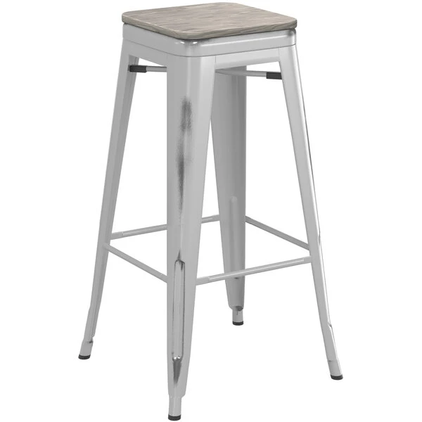 LT&S Alloy Series Lancaster Table & Seating Alloy Series Distressed Silver Stackable Metal Indoor Industrial Barstool With Gray Wood Seat 2 LT&S Alloy Series Lancaster Table & Seating Alloy Series Distressed Silver Stackable Metal Indoor Industrial Barstool With Gray Wood Seat - Image 2
