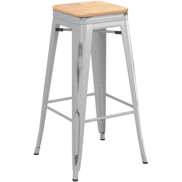 LT&S Alloy Series Lancaster Table & Seating Alloy Series Distressed Silver Stackable Metal Indoor Industrial Barstool With Natural Wood Seat 2 LT&S Alloy Series Lancaster Table & Seating Alloy Series Distressed Silver Stackable Metal Indoor Industrial Barstool With Natural Wood Seat - Image 2