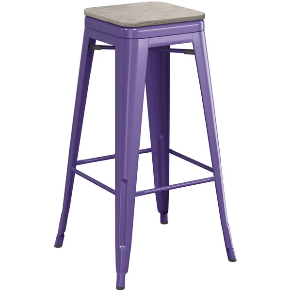 LT&S Alloy Series Lancaster Table & Seating Alloy Series Purple Stackable Metal Indoor Industrial Barstool With Gray Wood Seat 2 LT&S Alloy Series Lancaster Table & Seating Alloy Series Purple Stackable Metal Indoor Industrial Barstool With Gray Wood Seat - Image 2