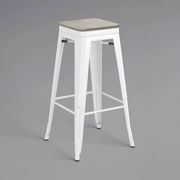 LT&S Alloy Series Lancaster Table & Seating Alloy Series White Stackable Metal Indoor Industrial Barstool With Gray Wood Seat 2 LT&S Alloy Series Lancaster Table & Seating Alloy Series White Stackable Metal Indoor Industrial Barstool With Gray Wood Seat - Image 2