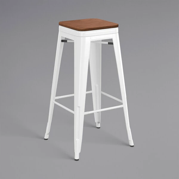 LT&S Alloy Series Lancaster Table & Seating Alloy Series White Metal Indoor Industrial Cafe Bar Height Stool With Walnut Wood Seat 2 LT&S Alloy Series Lancaster Table & Seating Alloy Series White Metal Indoor Industrial Cafe Bar Height Stool With Walnut Wood Seat - Image 2