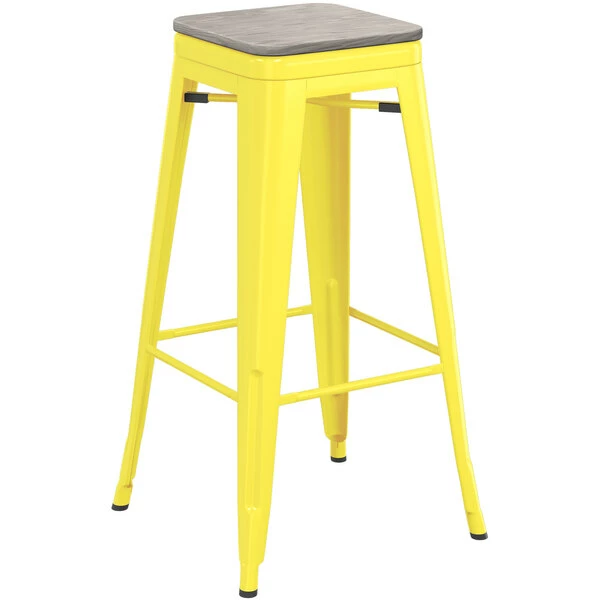 LT&S Alloy Series Lancaster Table & Seating Alloy Series Yellow Stackable Metal Indoor Industrial Barstool With Gray Wood Seat 2 LT&S Alloy Series Lancaster Table & Seating Alloy Series Yellow Stackable Metal Indoor Industrial Barstool With Gray Wood Seat - Image 2