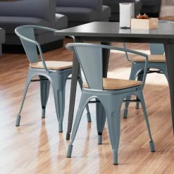 LT&S Alloy Series Lancaster Table & Seating Alloy Series Charcoal Metal Indoor Industrial Cafe Arm Chair With Natural Wood Seat