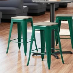 LT&S Alloy Series Lancaster Table & Seating Alloy Series Emerald Metal Indoor Industrial Cafe Counter Height Stool With Gray Wood Seat