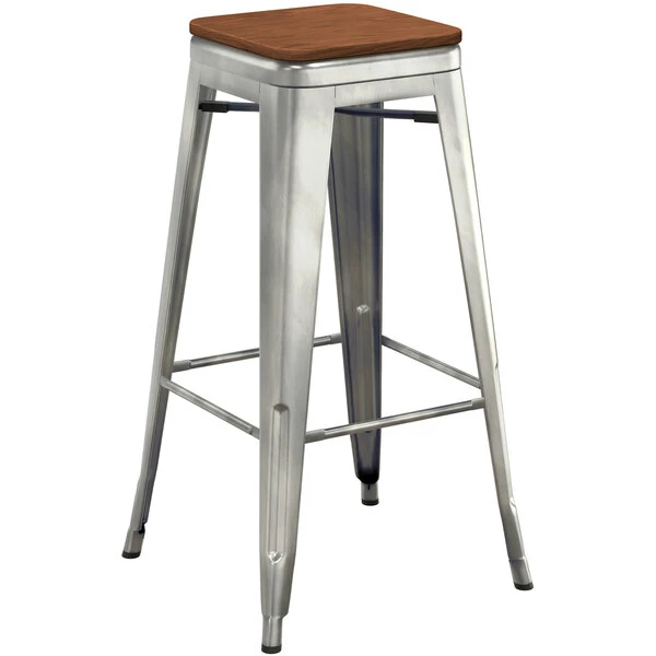 LT&S Alloy Series Lancaster Table & Seating Alloy Series Clear Coated Metal Indoor Industrial Cafe Bar Height Stool With Walnut Wood Seat 2 LT&S Alloy Series Lancaster Table & Seating Alloy Series Clear Coated Metal Indoor Industrial Cafe Bar Height Stool With Walnut Wood Seat - Image 2