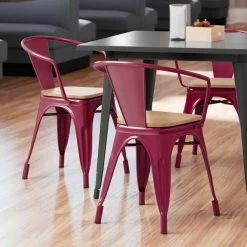 LT&S Alloy Series Lancaster Table & Seating Alloy Series Sangria Metal Indoor Industrial Cafe Arm Chair With Vertical Slat Back And Natural Wood Seat