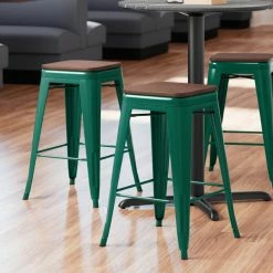 LT&S Alloy Series Lancaster Table & Seating Alloy Series Emerald Metal Indoor Industrial Cafe Counter Height Stool With Walnut Wood Seat