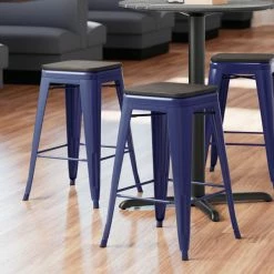 LT&S Alloy Series Lancaster Table & Seating Alloy Series Navy Metal Indoor Industrial Cafe Counter Height Stool With Black Wood Seat