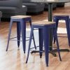 LT&S Alloy Series Lancaster Table & Seating Alloy Series Navy Metal Indoor Industrial Cafe Counter Height Stool With Natural Wood Seat
