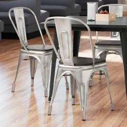 LT&S Alloy Series Lancaster Table & Seating Alloy Series Clear Coated Metal Indoor Industrial Cafe Chair With Vertical Slat Back And Black Wood Seat
