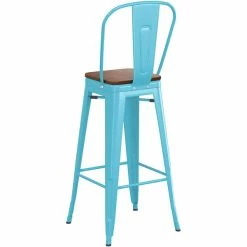 LT&S Alloy Series Lancaster Table & Seating Alloy Series Arctic Blue Metal Indoor Industrial Cafe Bar Height Stool With Vertical Slat Back And Walnut Wood Seat -Lancaster Table & Seating Shop 2435611
