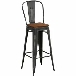 LT&S Alloy Series Lancaster Table & Seating Alloy Series Distressed Black Metal Indoor Industrial Cafe Bar Height Stool With Vertical Slat Back And Walnut Wood Seat -Lancaster Table & Seating Shop 2435953