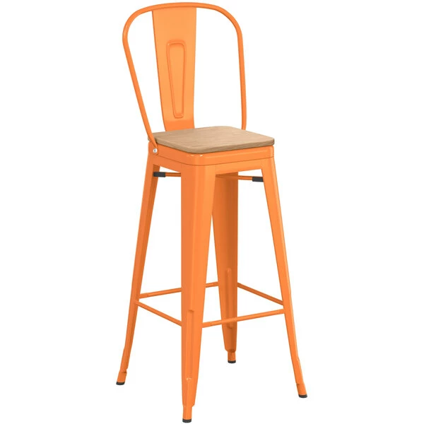 LT&S Alloy Series Lancaster Table & Seating Alloy Series Orange Metal Indoor Industrial Cafe Bar Height Stool With Vertical Slat Back And Natural Wood Seat 2 LT&S Alloy Series Lancaster Table & Seating Alloy Series Orange Metal Indoor Industrial Cafe Bar Height Stool With Vertical Slat Back And Natural Wood Seat - Image 2