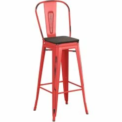 LT&S Alloy Series Lancaster Table & Seating Alloy Series Distressed Red Metal Indoor Industrial Cafe Bar Height Stool With Vertical Slat Back And Black Wood Seat -Lancaster Table & Seating Shop 2436034