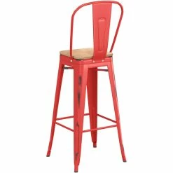 LT&S Alloy Series Lancaster Table & Seating Alloy Series Distressed Red Metal Indoor Industrial Cafe Bar Height Stool With Vertical Slat Back And Natural Wood Seat -Lancaster Table & Seating Shop 2436041