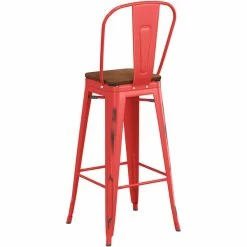 LT&S Alloy Series Lancaster Table & Seating Alloy Series Distressed Red Metal Indoor Industrial Cafe Bar Height Stool With Vertical Slat Back And Walnut Wood Seat -Lancaster Table & Seating Shop 2436044