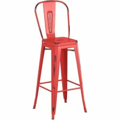 LT&S Alloy Series Lancaster Table & Seating Alloy Series Distressed Red Metal Indoor Industrial Cafe Bar Height Stool With Vertical Slat Back And Walnut Wood Seat -Lancaster Table & Seating Shop 2436045