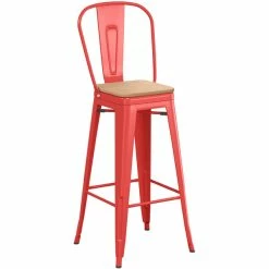 LT&S Alloy Series Lancaster Table & Seating Alloy Series Red Metal Indoor Industrial Cafe Bar Height Stool With Vertical Slat Back And Natural Wood Seat -Lancaster Table & Seating Shop 2436056