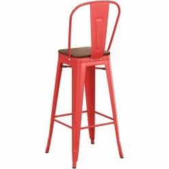 LT&S Alloy Series Lancaster Table & Seating Alloy Series Red Metal Indoor Industrial Cafe Bar Height Stool With Vertical Slat Back And Walnut Wood Seat -Lancaster Table & Seating Shop 2436060