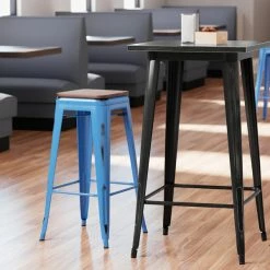 LT&S Alloy Series Lancaster Table & Seating Alloy Series Distressed Blue Stackable Metal Indoor Industrial Barstool With Walnut Wood Seat