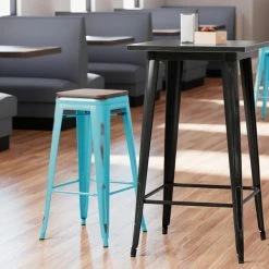 LT&S Alloy Series Lancaster Table & Seating Alloy Series Distressed Arctic Blue Stackable Metal Indoor Industrial Barstool With Walnut Wood Seat
