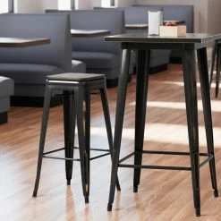 LT&S Alloy Series Lancaster Table & Seating Alloy Series Distressed Copper Metal Indoor Industrial Cafe Bar Height Stool With Black Wood Seat