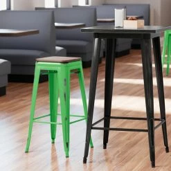 LT&S Alloy Series Lancaster Table & Seating Alloy Series Distressed Green Stackable Metal Indoor Industrial Barstool With Walnut Wood Seat