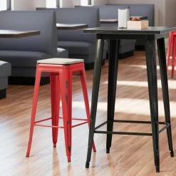 LT&S Alloy Series Lancaster Table & Seating Alloy Series Distressed Red Stackable Metal Indoor Industrial Barstool With Gray Wood Seat