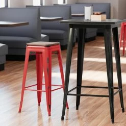 LT&S Alloy Series Lancaster Table & Seating Alloy Series Distressed Red Metal Indoor Industrial Cafe Bar Height Stool With Walnut Wood Seat