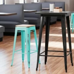 LT&S Alloy Series Lancaster Table & Seating Alloy Series Distressed Seafoam Stackable Metal Indoor Industrial Barstool With Natural Wood Seat