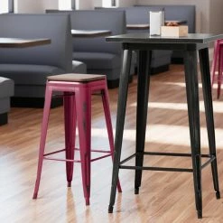 LT&S Alloy Series Lancaster Table & Seating Alloy Series Distressed Sangria Stackable Metal Indoor Industrial Barstool With Walnut Wood Seat