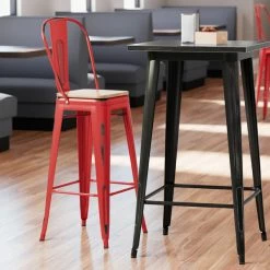 LT&S Alloy Series Lancaster Table & Seating Alloy Series Distressed Red Metal Indoor Industrial Cafe Bar Height Stool With Vertical Slat Back And Natural Wood Seat
