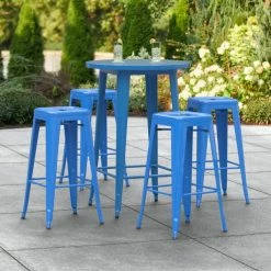 LT&S Alloy Series Lancaster Table & Seating Alloy Series 30" Round Blue Outdoor Bar Height Table With Four Barstools