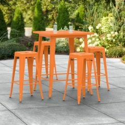LT&S Alloy Series Lancaster Table & Seating Alloy Series 32" X 32" Orange Outdoor Bar Height Table With Four Barstools