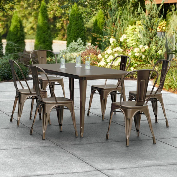 LT&S Alloy Series Lancaster Table & Seating Alloy Series 63" X 32" Copper Dining Height Outdoor Table With 6 Industrial Cafe Chairs 1 LT&S Alloy Series Lancaster Table & Seating Alloy Series 63" X 32" Copper Dining Height Outdoor Table With 6 Industrial Cafe Chairs
