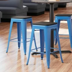 LT&S Alloy Series Lancaster Table & Seating Alloy Series Blue Metal Indoor Industrial Cafe Counter Height Stool With Black Wood Seat