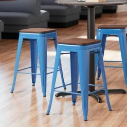 LT&S Alloy Series Lancaster Table & Seating Alloy Series Blue Metal Indoor Industrial Cafe Counter Height Stool With Walnut Wood Seat