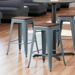 LT&S Alloy Series Lancaster Table & Seating Alloy Series Charcoal Metal Indoor Industrial Cafe Counter Height Stool With Walnut Wood Seat