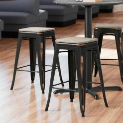LT&S Alloy Series Lancaster Table & Seating Alloy Series Distressed Copper Metal Indoor Industrial Cafe Counter Height Stool With Gray Wood Seat