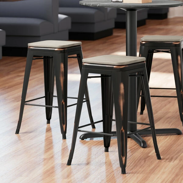 LT&S Alloy Series Lancaster Table & Seating Alloy Series Distressed Copper Metal Indoor Industrial Cafe Counter Height Stool With Gray Wood Seat 1 LT&S Alloy Series Lancaster Table & Seating Alloy Series Distressed Copper Metal Indoor Industrial Cafe Counter Height Stool With Gray Wood Seat