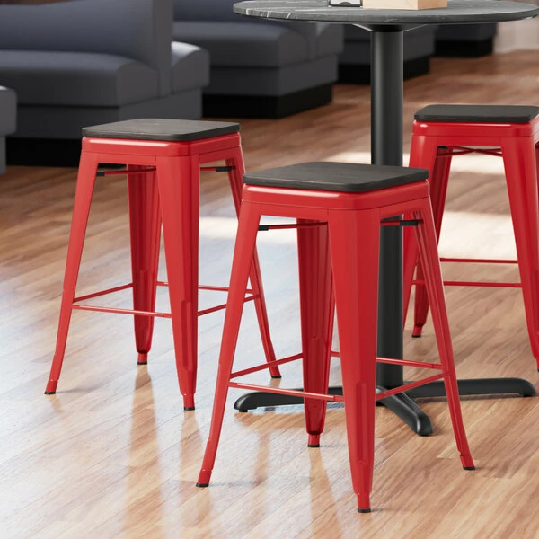 LT&S Alloy Series Lancaster Table & Seating Alloy Series Red Metal Indoor Industrial Cafe Counter Height Stool With Black Wood Seat 1 LT&S Alloy Series Lancaster Table & Seating Alloy Series Red Metal Indoor Industrial Cafe Counter Height Stool With Black Wood Seat