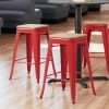 LT&S Alloy Series Lancaster Table & Seating Alloy Series Red Metal Indoor Industrial Cafe Counter Height Stool With Natural Wood Seat