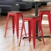 LT&S Alloy Series Lancaster Table & Seating Alloy Series Red Metal Indoor Industrial Cafe Counter Height Stool With Walnut Wood Seat