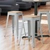 LT&S Alloy Series Lancaster Table & Seating Alloy Series Silver Metal Indoor Industrial Cafe Counter Height Stool With Natural Wood Seat