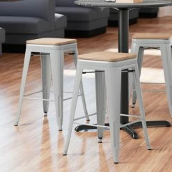 LT&S Alloy Series Lancaster Table & Seating Alloy Series Silver Metal Indoor Industrial Cafe Counter Height Stool With Natural Wood Seat