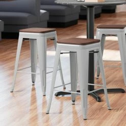 LT&S Alloy Series Lancaster Table & Seating Alloy Series Silver Metal Indoor Industrial Cafe Counter Height Stool With Walnut Wood Seat